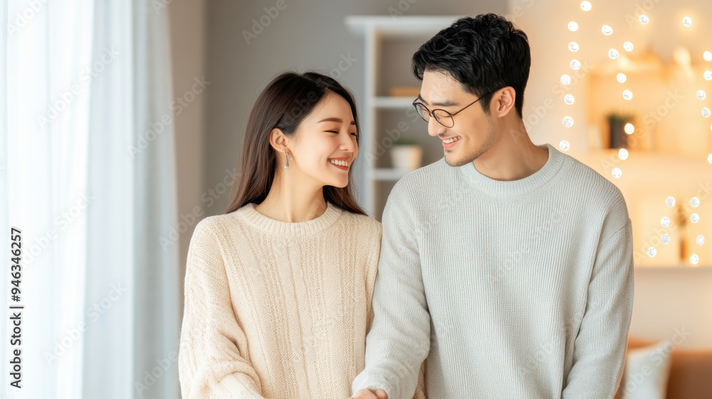 Happy couple in cozy knit sweaters sharing a joyful moment together at home with warm indoor lighting and decorative background Happy couple in cozy knit sweaters sharing a joyful moment together at home with warm indoor lighting and decorative background