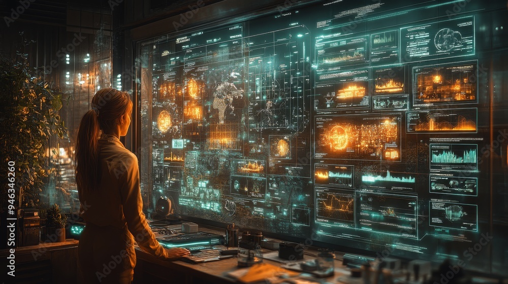 A person interacts with a holographic interface, analyzing various data visualizations and impacts in a cutting-edge workspace featuring modern technology. A person interacts with a holographic interface, analyzing various data visualizations and impacts in a cutting-edge workspace featuring modern technology.