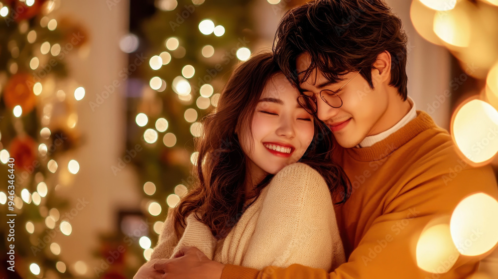 Happy couple embracing in a cozy indoor setting adorned with Christmas decorations and soft glowing lights creating a warm atmosphere Happy couple embracing in a cozy indoor setting adorned with Christmas decorations and soft glowing lights creating a warm atmosphere