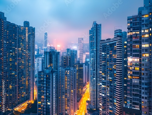 Tranquil Twilight Cityscape with Glowing High Rise Skyscrapers and Vibrant Urban Landscape