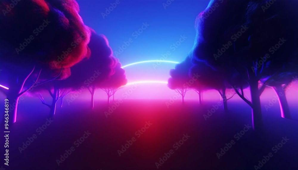 Naklejka premium Enchanting Anime-Style Forest Background with Blue Sky, Sunset, Sunrise, Fog, Snow, Cloudiness, Autumn Leaves, and Rainbow