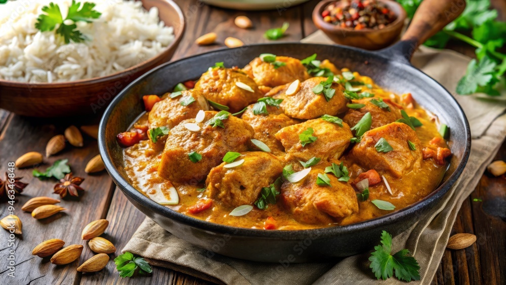 Richly flavored and aromatic Indian-inspired curry dish with tender chicken, basmati rice, and vibrant spices, garnished with fresh cilantro and toasted almonds. Richly flavored and aromatic Indian-inspired curry dish with tender chicken, basmati rice, and vibrant spices, garnished with fresh cilantro and toasted almonds.