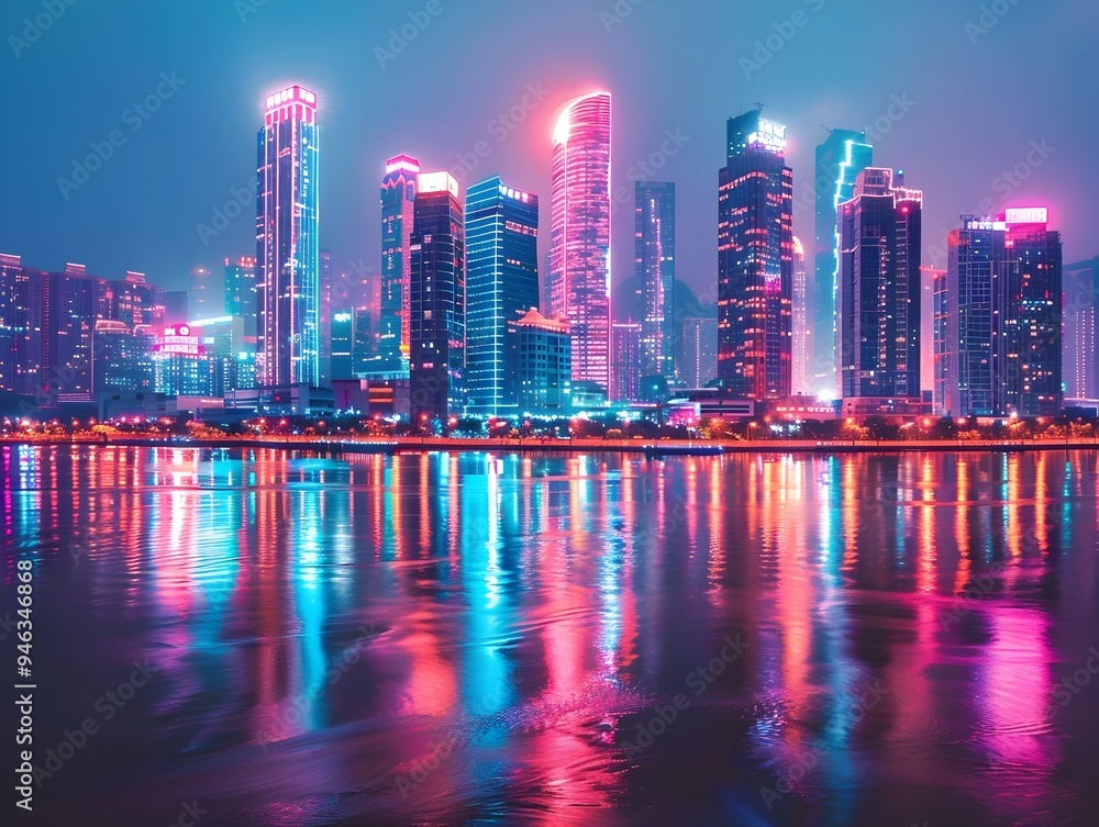Fototapeta premium Vibrant Nighttime Cityscape with Colorful Neon Lights Reflecting on River