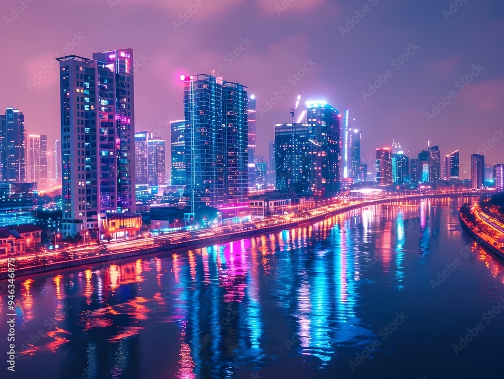 Naklejka premium Vibrant Nighttime Skyline of Illuminated High Rise Buildings Reflecting in Tranquil River