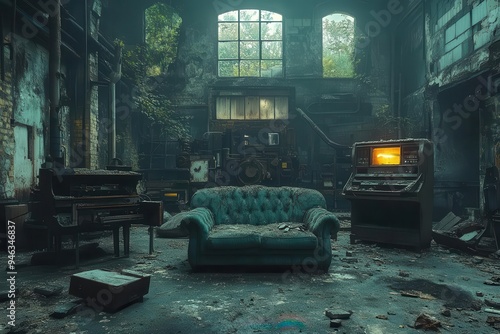 haunting postapocalyptic interior of abandoned industrial space decaying vintage furniture dustcovered machinery and eerie lighting creating somber atmosphere photo