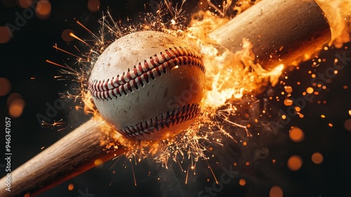 Cinematic shot of a baseball bat meeting a ball, creating a fiery explosion with sparks and embers flying dramatically