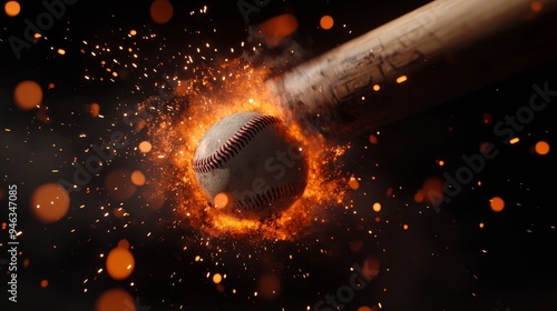 Cinematic shot of a baseball bat meeting a ball, creating a fiery explosion with sparks and embers flying dramatically photo