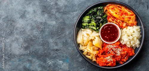 A colorful plate filled with various fermented foods like kimchi, pickles, and miso, arranged in an appetizing manner Probiotic-rich diet concept. photo