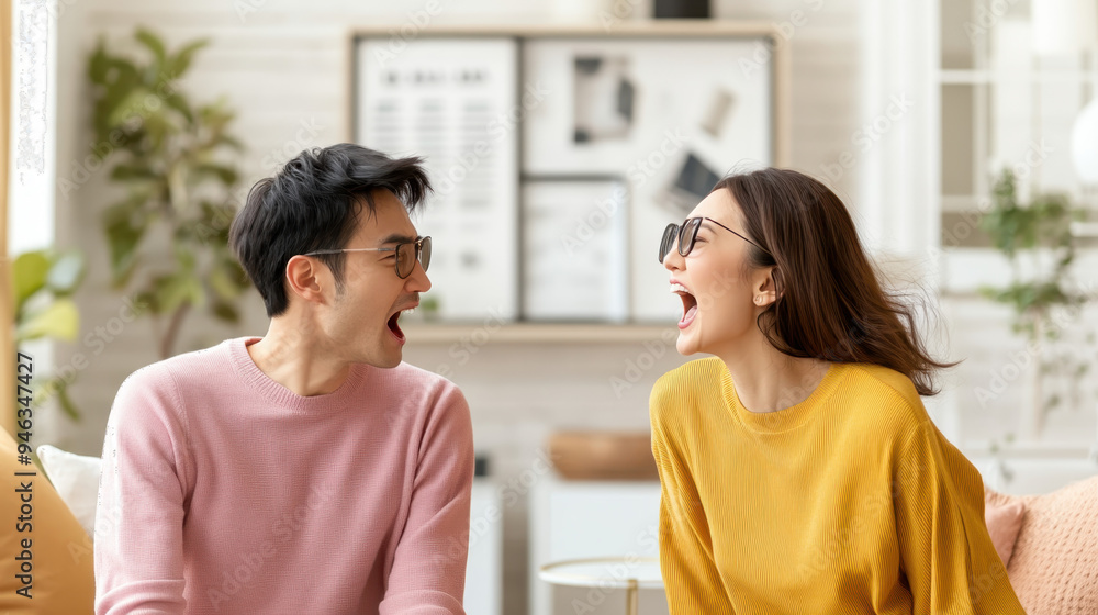 Joyful couple playfully engaging in a lively conversation at home, showcasing happiness and connection in a modern living space Joyful couple playfully engaging in a lively conversation at home, showcasing happiness and connection in a modern living space