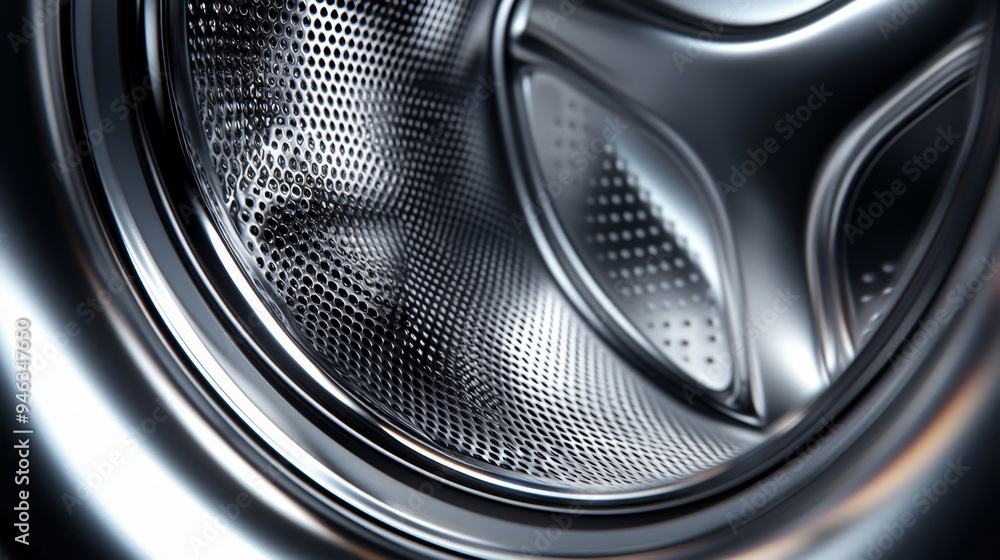 Close-up of washing machine interior, metallic textures, 3D illustration