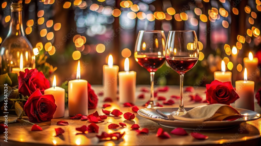 Romantic evening setup with candlelit dinner, wine glasses, and rose petals surrounding a beautifully set table, perfect for a lovely Valentine's Date. Romantic evening setup with candlelit dinner, wine glasses, and rose petals surrounding a beautifully set table, perfect for a lovely Valentine's Date.