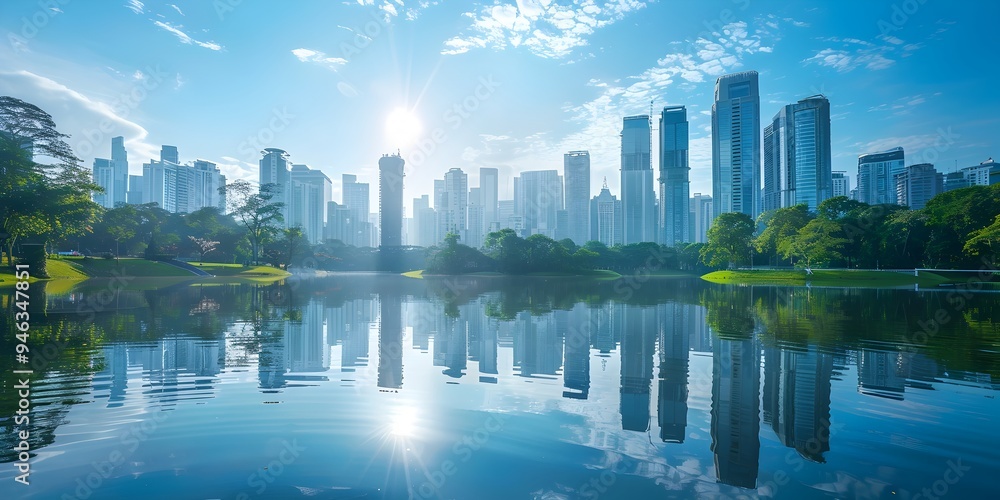 Obraz premium Serene Urban Lake Reflects Soaring Skyline of Towering Skyscrapers