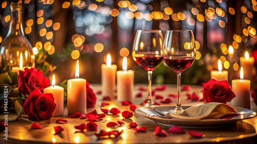 Romantic evening setup with candlelit dinner, wine glasses, and rose petals surrounding a beautifully set table, perfect for a lovely Valentine's Date. photo