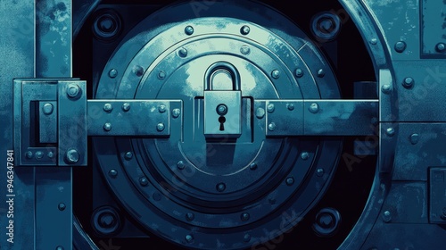 The illustration displays a secure vault door with a detailed lock mechanism, emphasizing strength and protection