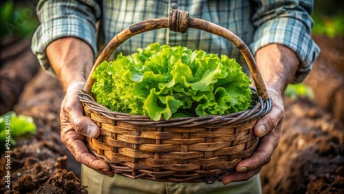 Rough, weathered hands grasp a worn wooden handle, cradling a basket overflowing with fresh, vibrant green lettuce leaves and rich brown soil. photo