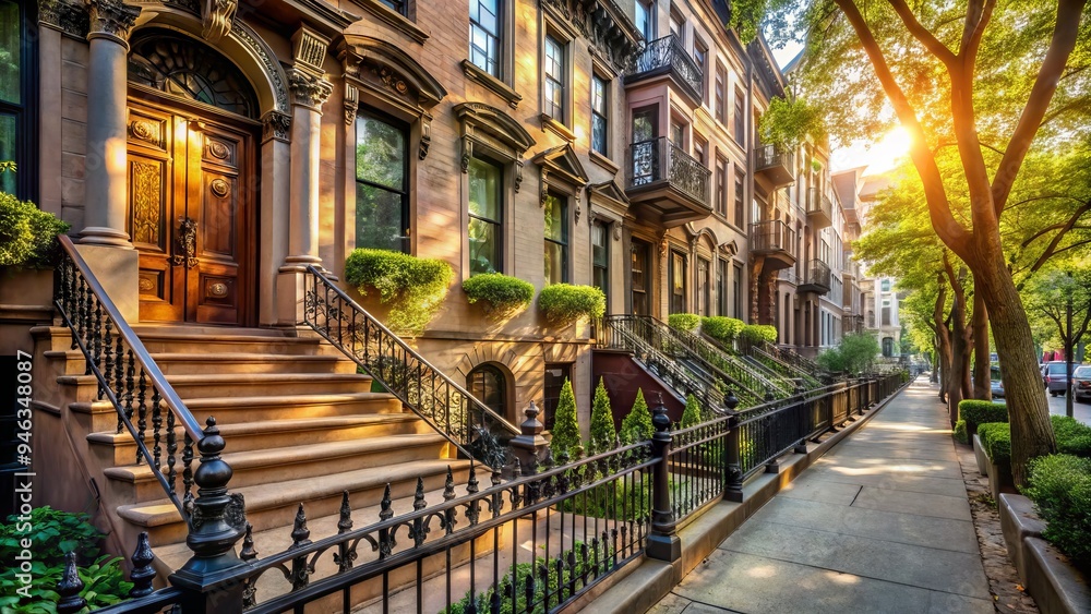 Fototapeta premium Row of historic brownstone townhouses with ornate stoops and ironwork, set amidst lush greenery, on a sun-dappled street in Manhattan's Upper West Side neighborhood.
