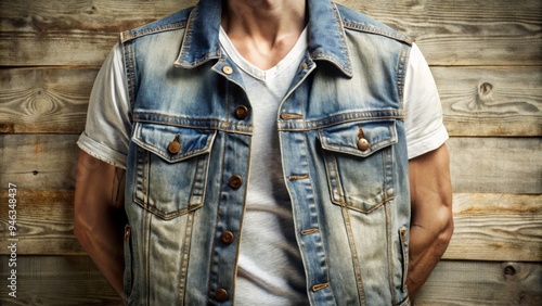 Rugged, faded denim vest with buttons and pockets, worn over a white shirt, exudes a casual, laid-back vibe, perfect for outdoor enthusiasts and rugged individualists.