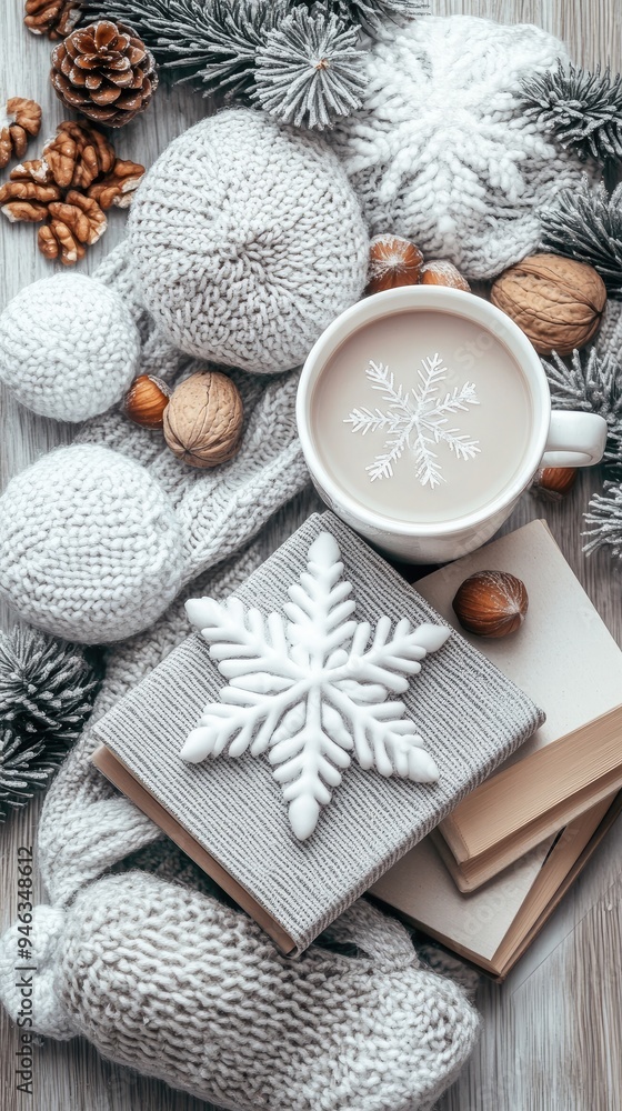 Fototapeta premium A warm collection of hot chocolate, a flickering candle, and festive forest elements arranged on a wooden surface, perfect for winter-themed home decor or packaging design