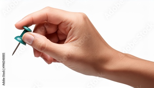 a push pin on hand isolated on white background.
