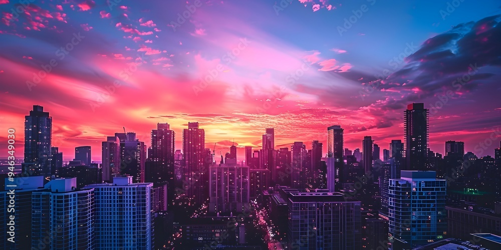 Fototapeta premium Vibrant Sunset Cityscape with Skyscrapers Silhouetted Against Colorful Sky