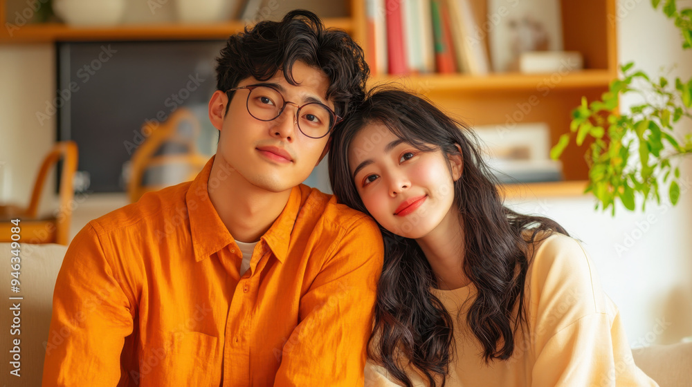Young couple sitting together on a couch, smiling and enjoying their time in a cozy interior with plants and books Young couple sitting together on a couch, smiling and enjoying their time in a cozy interior with plants and books