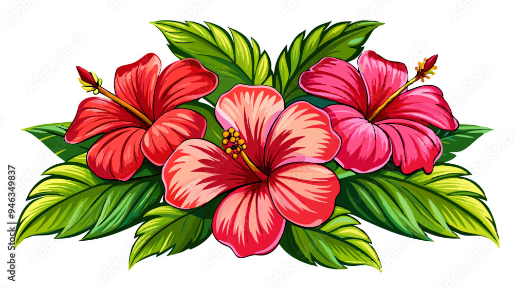 Obraz premium Vibrant Hibiscus Flower with Green Leaves Illustration - Illustrated image of a vibrant hibiscus flower with green leaves. Ideal for tropical themes, nature-inspired designs, and botanical projects.
