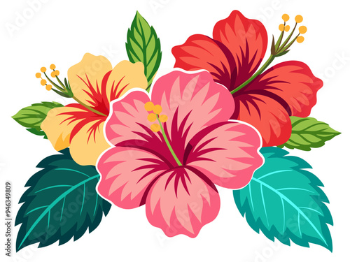 Vibrant Hibiscus Flower with Green Leaves Illustration - Illustrated image of a vibrant hibiscus flower with green leaves. Ideal for tropical themes, nature-inspired designs, and botanical projects.