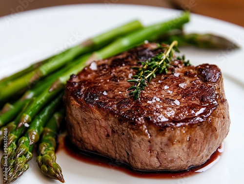  Steak Garnished with Rosemary and Asparagus.