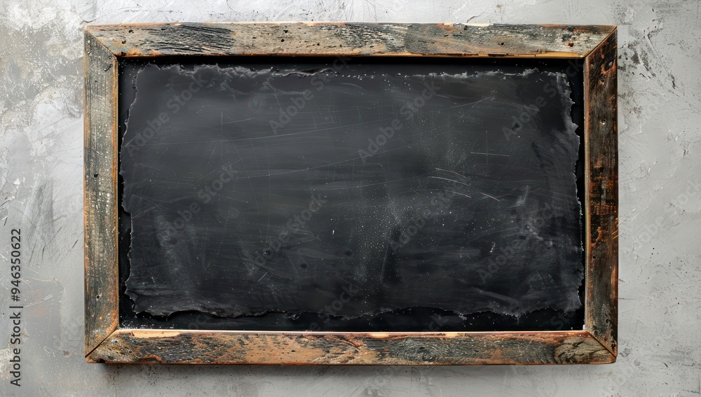 Dark blackboard with a rustic wooden frame on a light silver background, top view Ideal for educational concepts and presentations Dark blackboard with a rustic wooden frame on a light silver background, top view Ideal for educational concepts and presentations