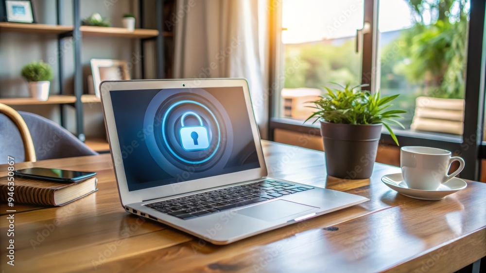 Secure laptop on a desk in a cozy home office, with a webcam cover ...