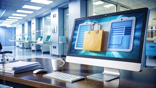 Securely locked digital data files and folders on a computer screen in a hospital setting, protected by encryption and access controls to maintain confidentiality.