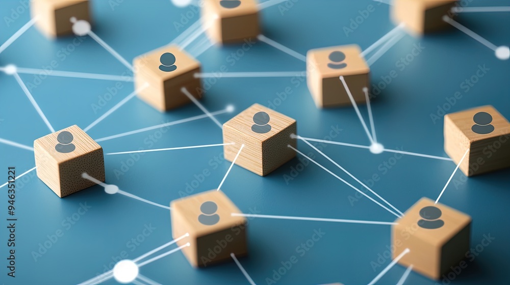 Social Connections Network Diagram: A Stunning Poster for Sports Interiors Featuring Interconnected Wooden Blocks and User Icons on a Blue Background Social Connections Network Diagram: A Stunning Poster for Sports Interiors Featuring Interconnected Wooden Blocks and User Icons on a Blue Background