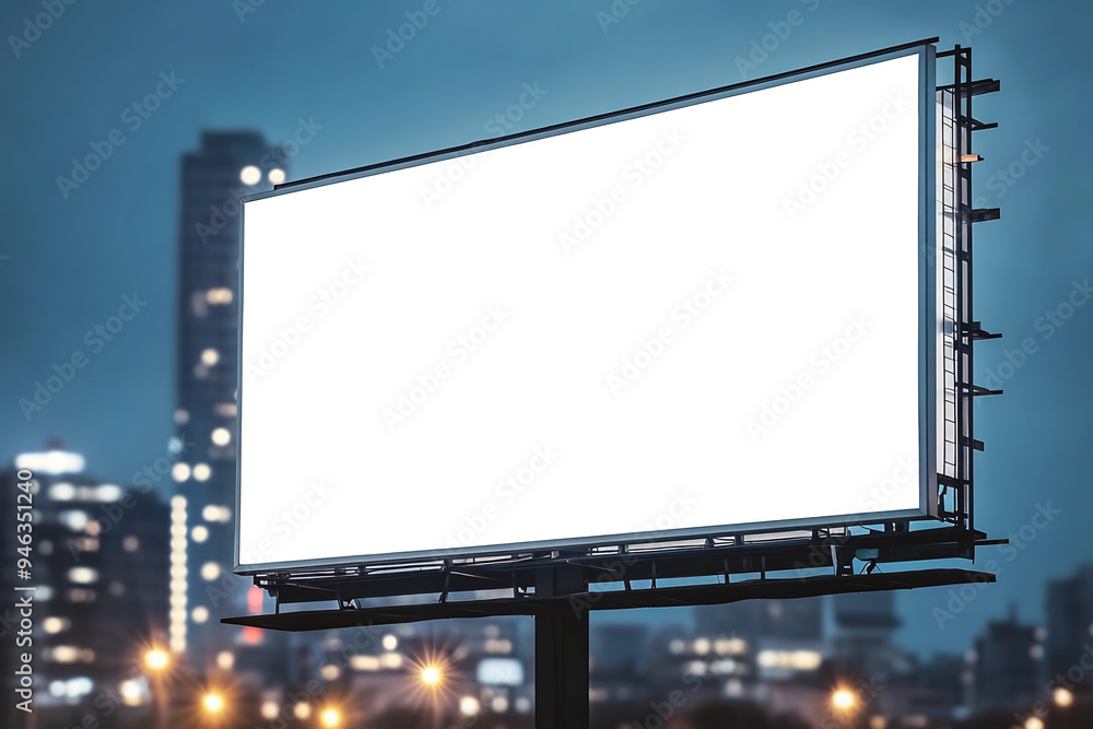 A blank white billboard stands against the backdrop of city lights A blank white billboard stands against the backdrop of city lights
