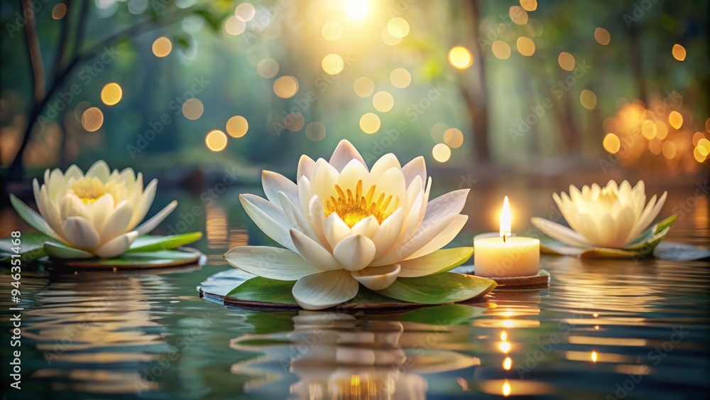© Man888 - Serene background with gentle, white lotus flowers and soft, candlelit ambiance, evoking feelings of peace, calmness, and tranquility for emotional balance and inner healing. © Man888 - Serene background with gentle, white lotus flowers and soft, candlelit ambiance, evoking feelings of peace, calmness, and tranquility for emotional balance and inner healing.