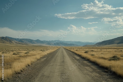 A serene dirt road stretches through vast plains under a bright sky, inviting adventure and exploration in nature's tranquility.