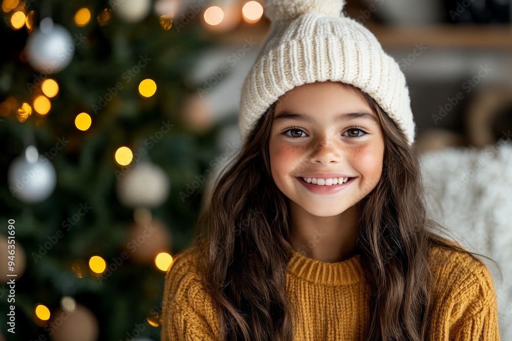 A young girl beams with a joyful smile, wearing a cozy white hat as she stands beside a beautifully decorated Christmas tree, embodying the magic and wonder of the holiday season. A young girl beams with a joyful smile, wearing a cozy white hat as she stands beside a beautifully decorated Christmas tree, embodying the magic and wonder of the holiday season.