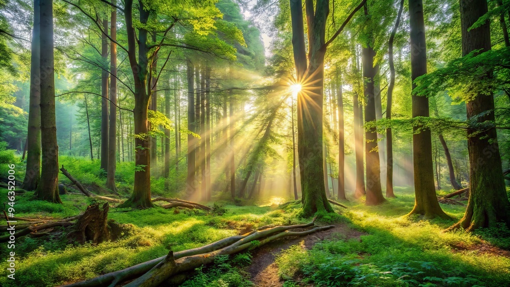 Serene forest landscape with diverse assortment of towering trees, vibrant green bushes, and rustic fallen branches surrounded by lush undergrowth and morning sunlight filtering through. Serene forest landscape with diverse assortment of towering trees, vibrant green bushes, and rustic fallen branches surrounded by lush undergrowth and morning sunlight filtering through.