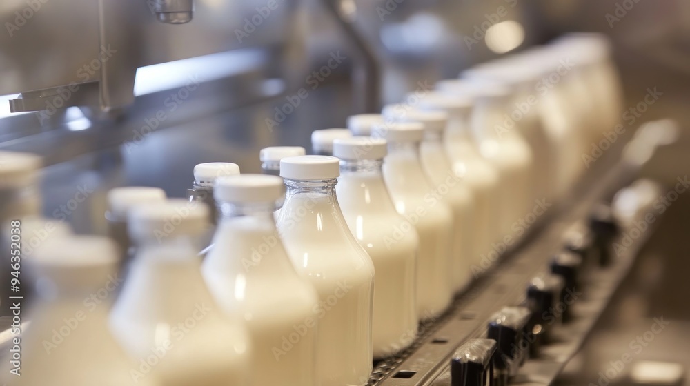 Milk Bottles on a Conveyor Belt in a Factory Milk Bottles on a Conveyor Belt in a Factory