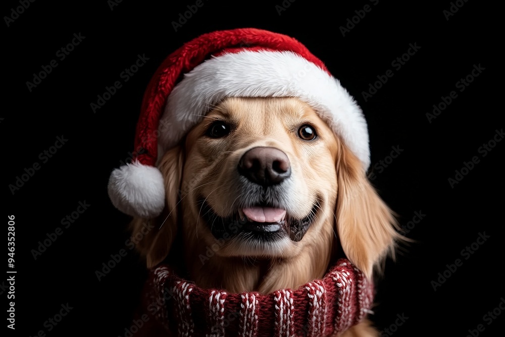 An adorable dog, dressed in a cozy red and white sweater and a festive Santa hat, poses against a solid black background, radiating warmth and holiday cheer. An adorable dog, dressed in a cozy red and white sweater and a festive Santa hat, poses against a solid black background, radiating warmth and holiday cheer.