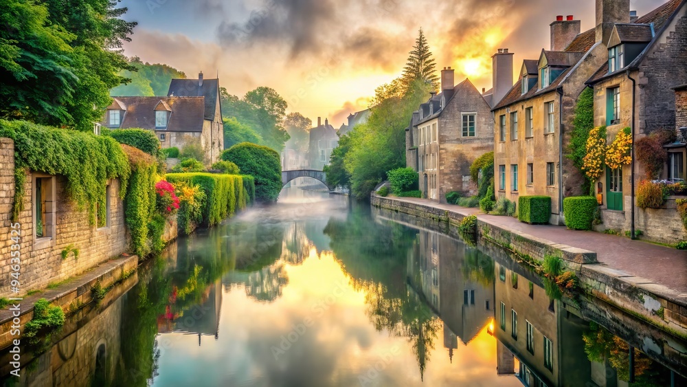 Obraz premium Serene morning scene of a tranquil European canal, lined with ancient stone buildings and lush greenery, reflecting the misty atmosphere in its calm waters.