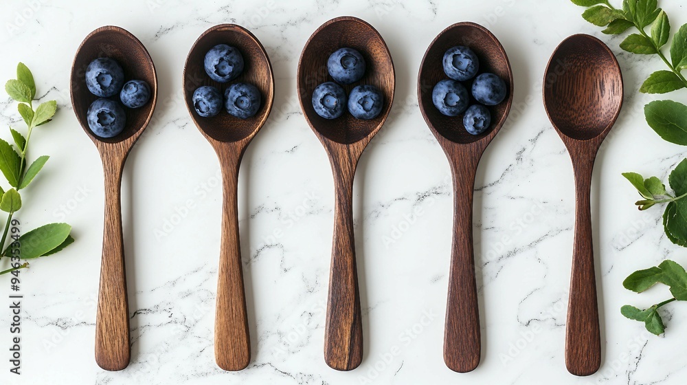 Fresh Blueberry Delight on Wooden Spoon - Top View Flat Lay for Healthy Eating Concept Fresh Blueberry Delight on Wooden Spoon - Top View Flat Lay for Healthy Eating Concept