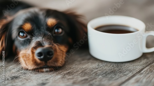 The image displays a cute dog in close-up with a coffee cup on a wooden surface, conveying a peaceful and relaxed atmosphere, often associated with a cozy morning. photo