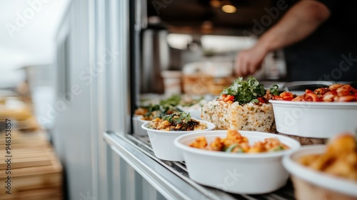 Fototapeta Naklejka Na Ścianę i Meble -  A variety of delicious, colorful dishes are displayed in small bowls, ready to be served from a food truck window, showcasing the vibrant and diverse street food culture.