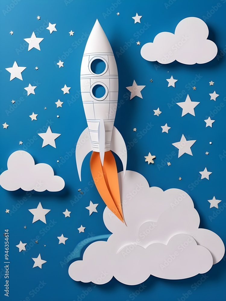 Papercut animation of rocket on a blue background with stars and clouds Papercut animation of rocket on a blue background with stars and clouds