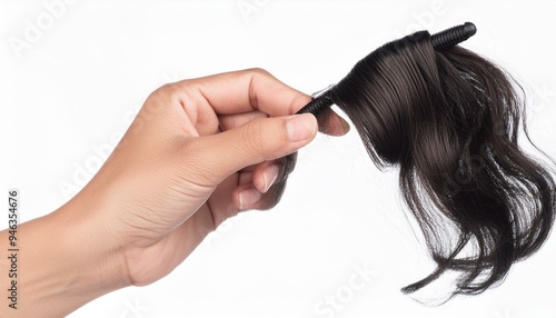 hand holding accessories of a forelock wigs isolated on a white background photo