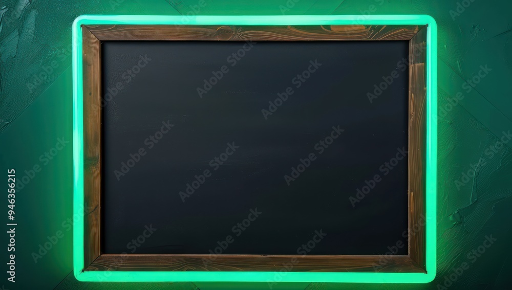Dark school blackboard with a wooden frame on a neon green background, providing ample space for creative educational designs Dark school blackboard with a wooden frame on a neon green background, providing ample space for creative educational designs