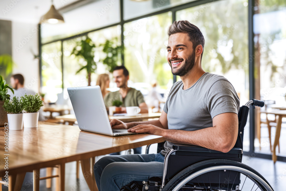 Smiling man in wheelchair uses laptop at cafe table, surrounded vibrant social environment. Concept of digital inclusion, remote work opportunities, accessible public spaces for people with disability Smiling man in wheelchair uses laptop at cafe table, surrounded vibrant social environment. Concept of digital inclusion, remote work opportunities, accessible public spaces for people with disability