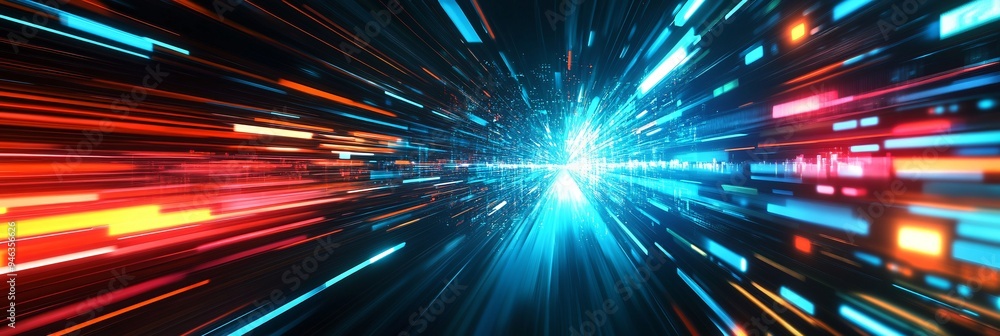 Sweeping streams of blue and orange light converge towards a bright central focal point. Abstract background. Sweeping streams of blue and orange light converge towards a bright central focal point. Abstract background.