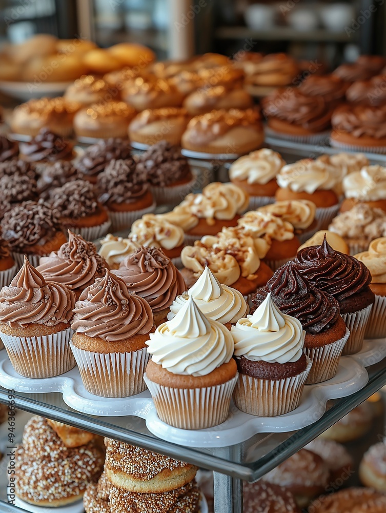 Assorted cupcakes with different frostings and toppings on display in a bakery case Assorted cupcakes with different frostings and toppings on display in a bakery case