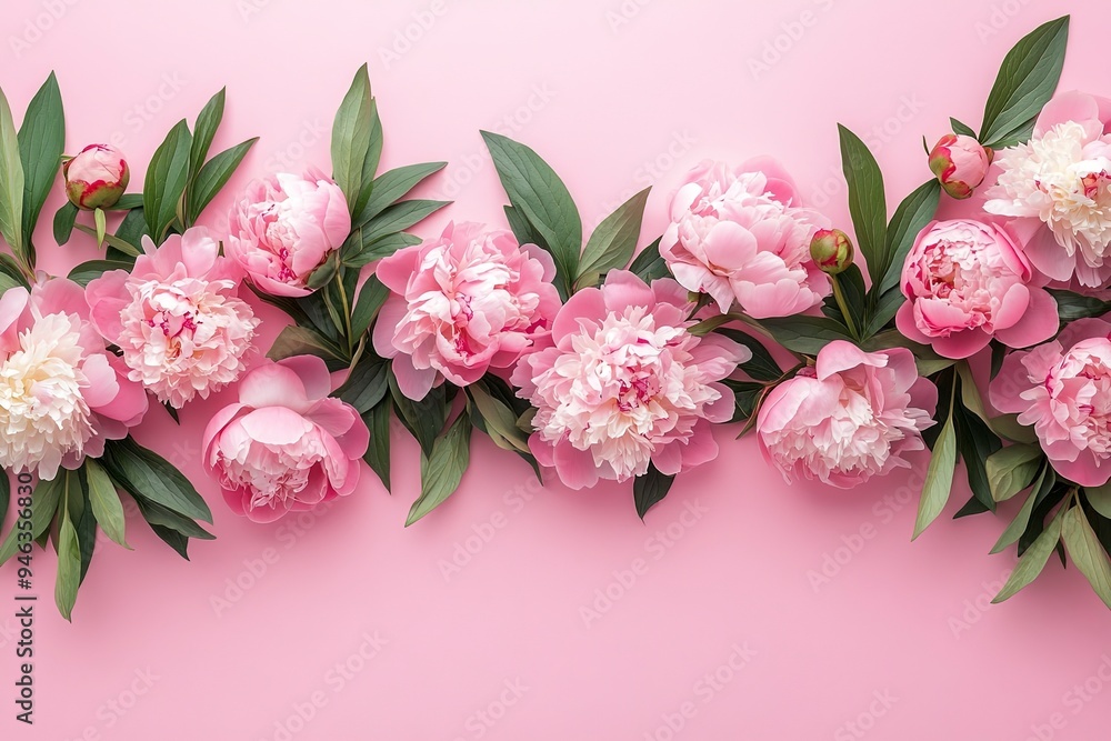 Tender peonies on pink background with copy space. Abstract natural floral frame layout with text space. Romantic feminine composition. Wedding invitation. Generative Ai Tender peonies on pink background with copy space. Abstract natural floral frame layout with text space. Romantic feminine composition. Wedding invitation. Generative Ai